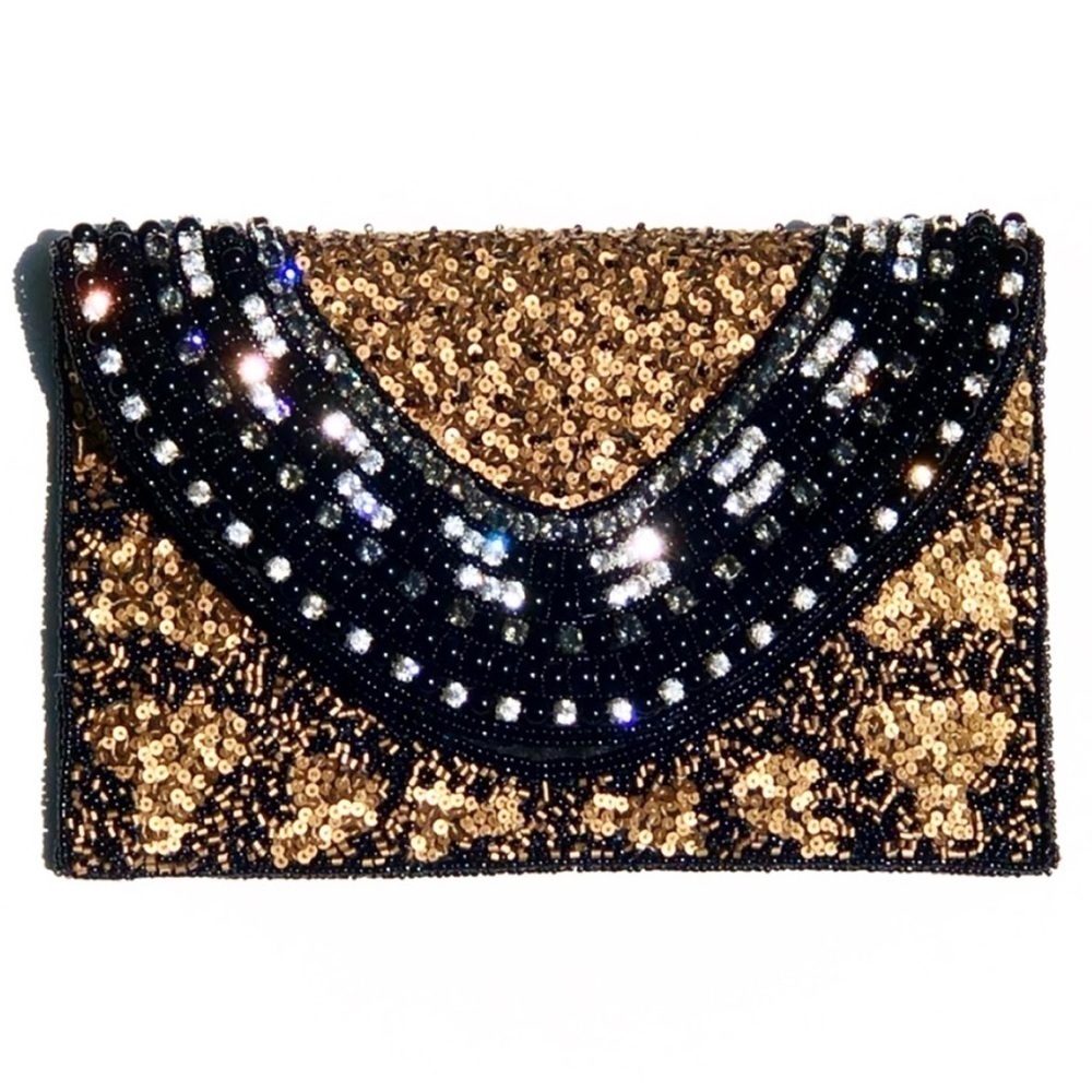 Gala T&J | Black Gold Detachable Strap 18k Gp Sequin Hand Beaded Envelope Clutch